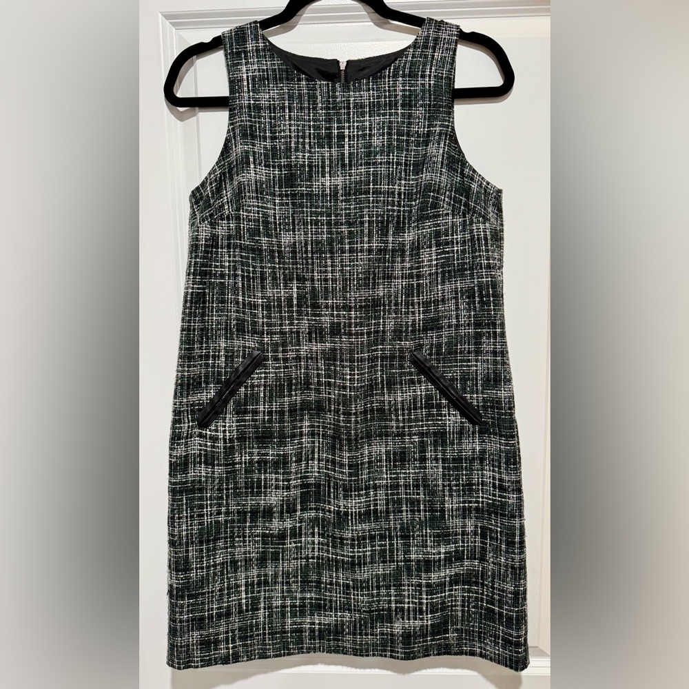 LOFT Green and Black Plaid Dress with‎ Leather Accents